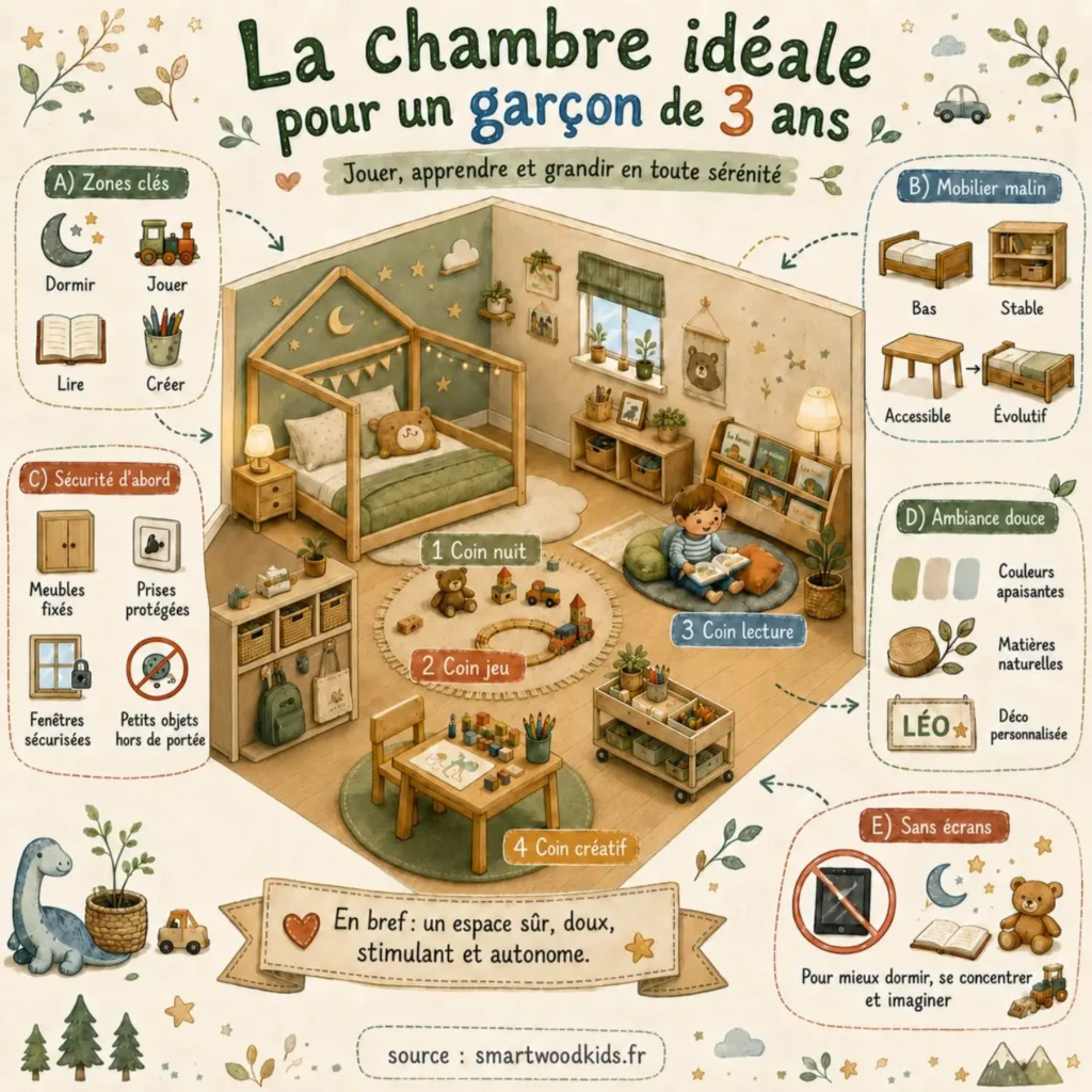 Infographie : la chambre idéale pour un garçon de 3 ans - zones clés, mobilier malin, sécurité, ambiance douce et sans écrans.