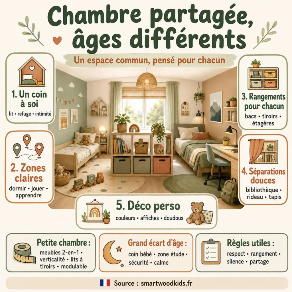 Infographie : chambre partagée pour âges différents - un coin à soi, zones claires, rangements pour chacun et séparations douces.