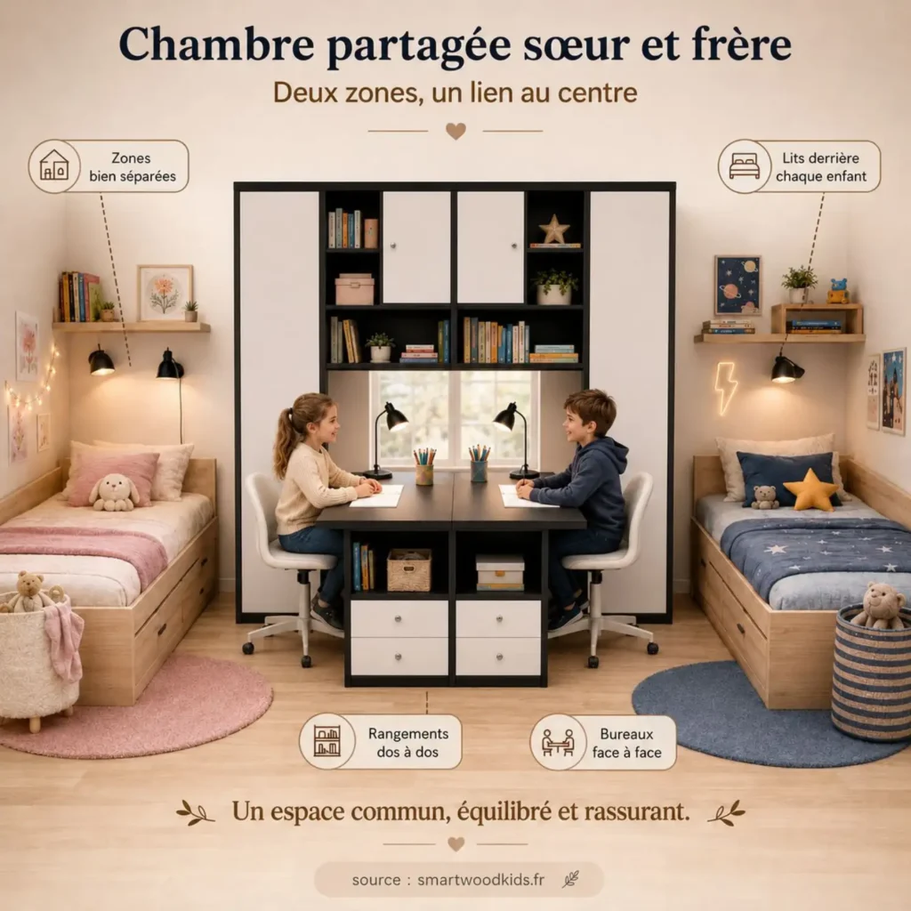 Infographie : chambre partagée sœur et frère - zones bien séparées, lits derrière chaque enfant, rangements et bureaux face à face.
