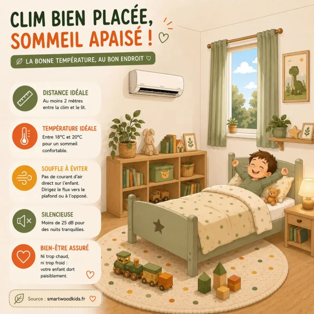 Infographie : clim bien placée, sommeil apaisé - distance idéale, bonne température et flux d'air à éviter sur l'enfant.
