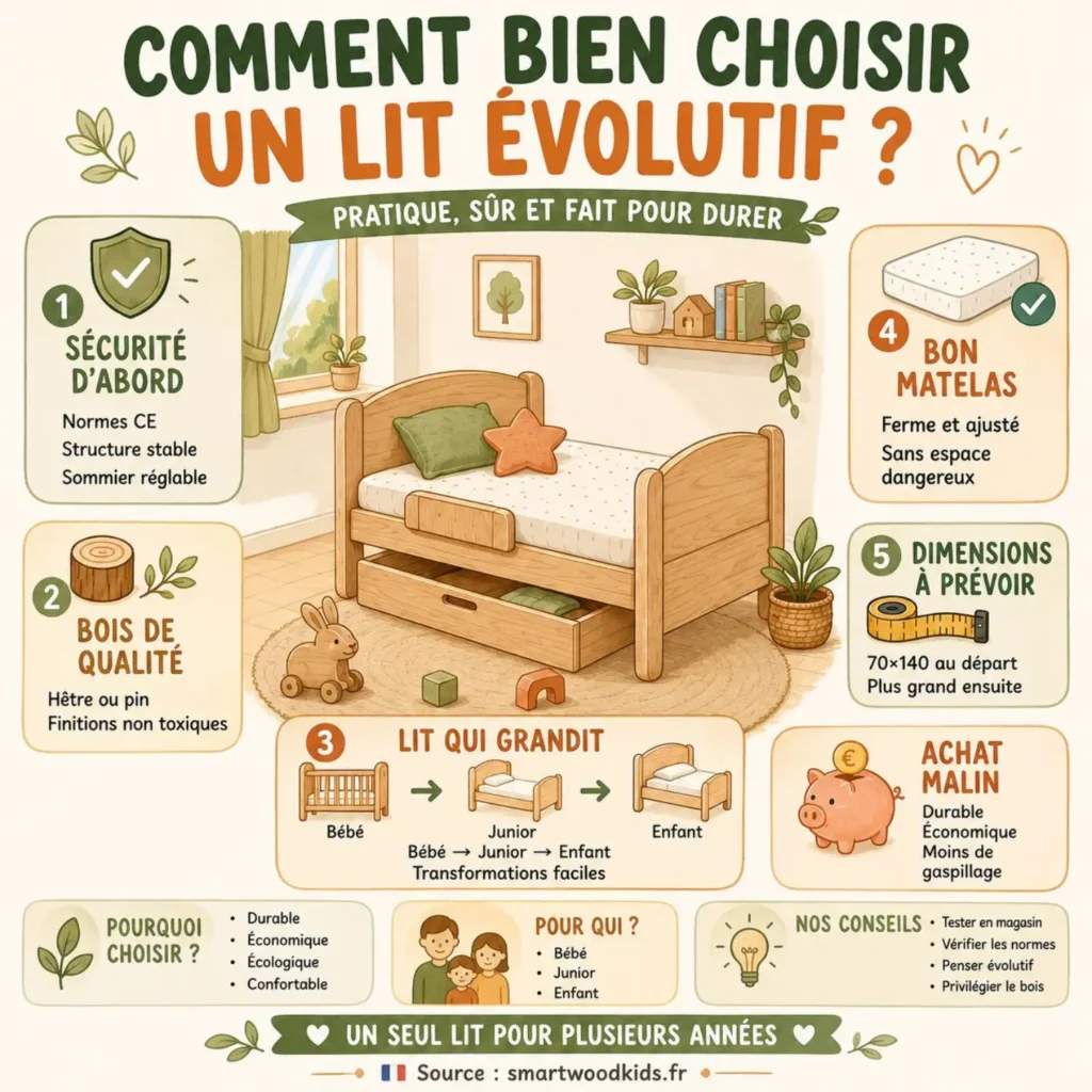 Infographie : comment bien choisir un lit évolutif - sécurité, bois de qualité, bon matelas, dimensions et transformation bébé-junior-enfant.