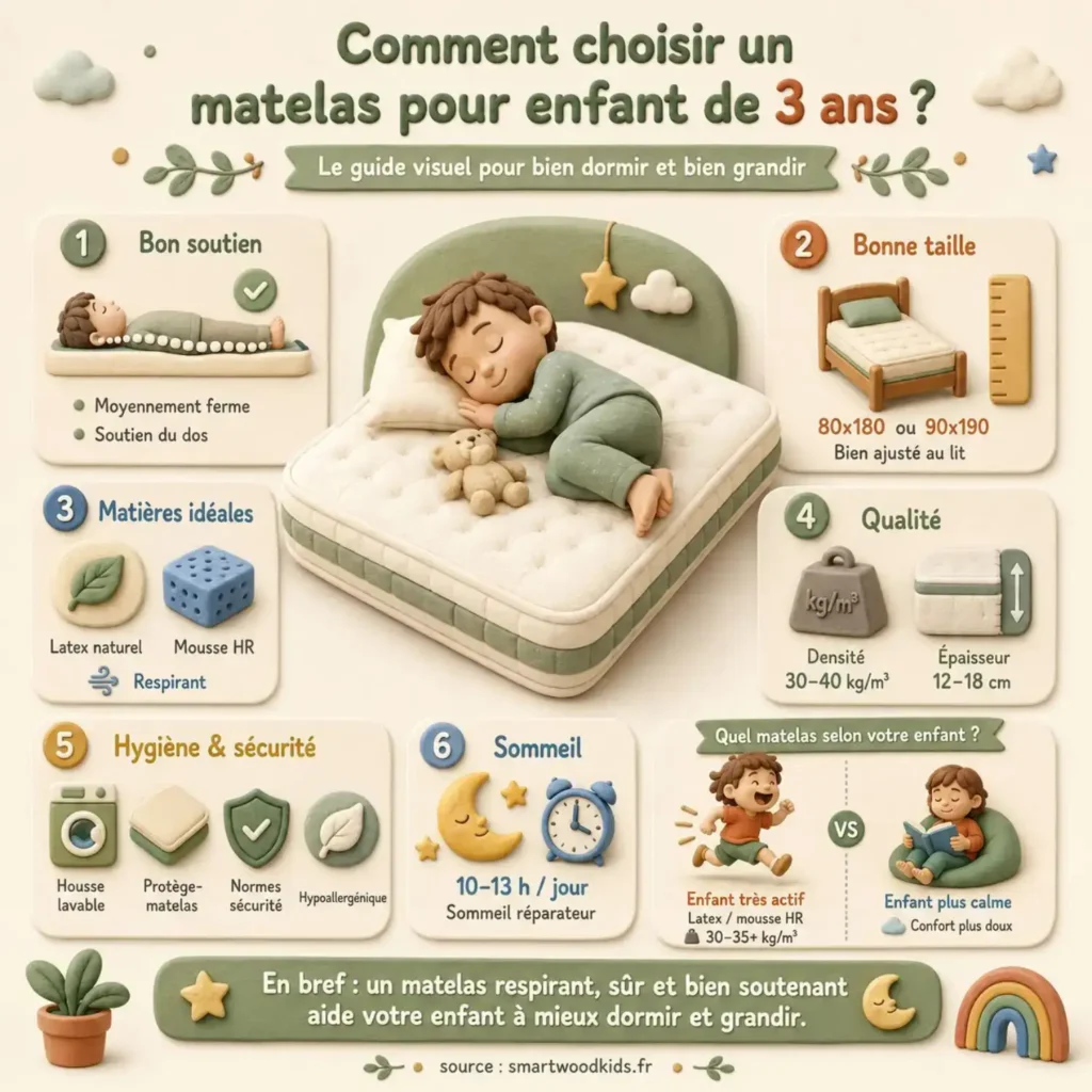 Infographie : comment choisir un matelas pour enfant de 3 ans - soutien, taille, matières et qualité.