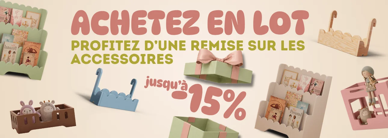 Bannière promotionnelle avec des accessoires pour chambre d’enfant et un cadeau, annonçant jusqu’à 15 % de remise pour un achat en lot.