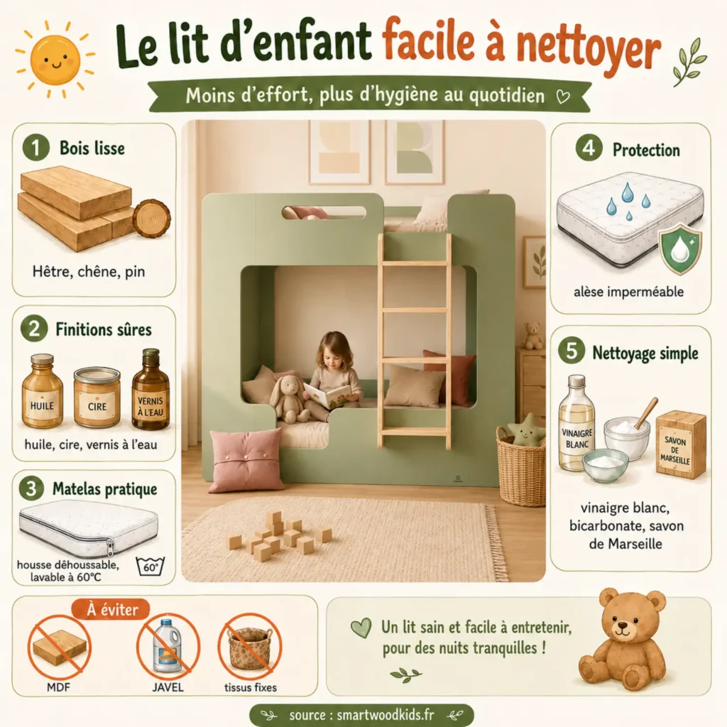  Infographie : le lit d'enfant facile à nettoyer - bois lisse, finitions sûres, matelas protégé et nettoyage simple.