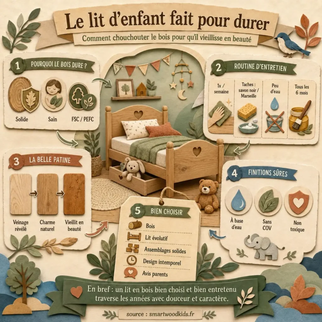 Infographie : le lit d'enfant fait pour durer - routine d'entretien, belle patine, finitions sûres et bons choix du bois.

