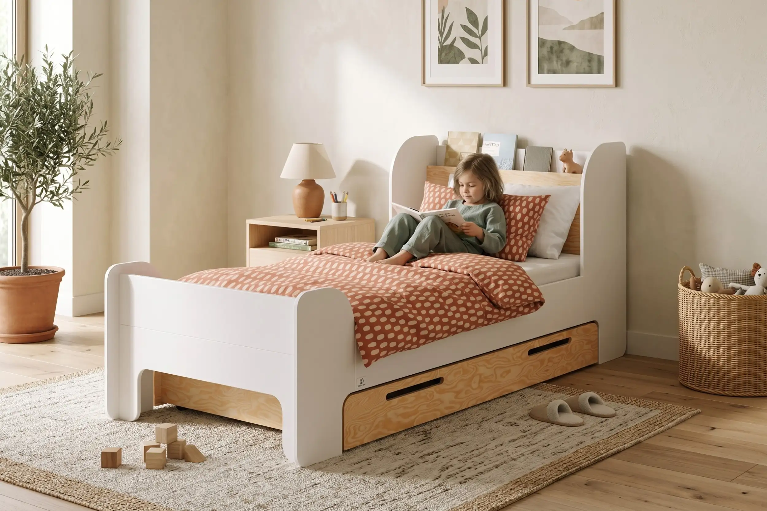 Lit enfant FLOU D avec tiroir, blanc et bois naturel avec étagère à livres, une fillette lit un livre sur le lit.