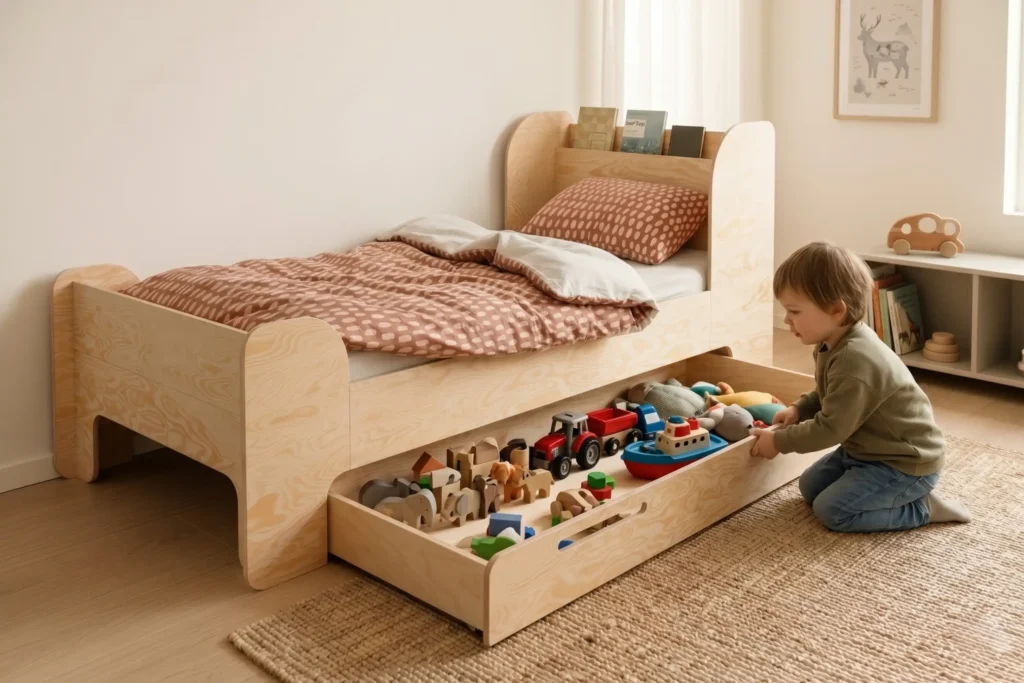 Lit enfant FLOU D en bois naturel avec tiroir coulissant, garçon sortant des affaires du tiroir dans une chambre lumineuse.