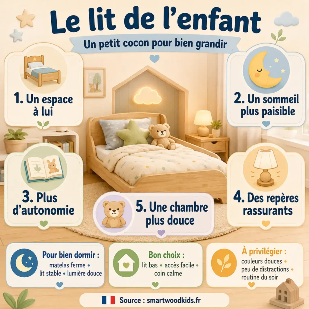 Infographie : le lit de l'enfant, un petit cocon favorisant sommeil paisible, autonomie et repères rassurants.