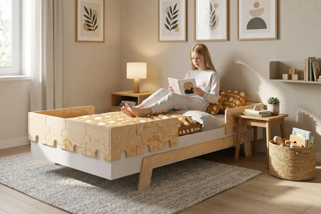 Lit enfant PUZZLE BR2 en bois naturel avec barrières en forme de puzzle, une fillette lit un livre sur le lit.