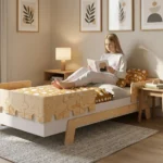 Lit enfant PUZZLE BR2 en bois naturel avec barrières en forme de puzzle, une fillette lit un livre sur le lit.