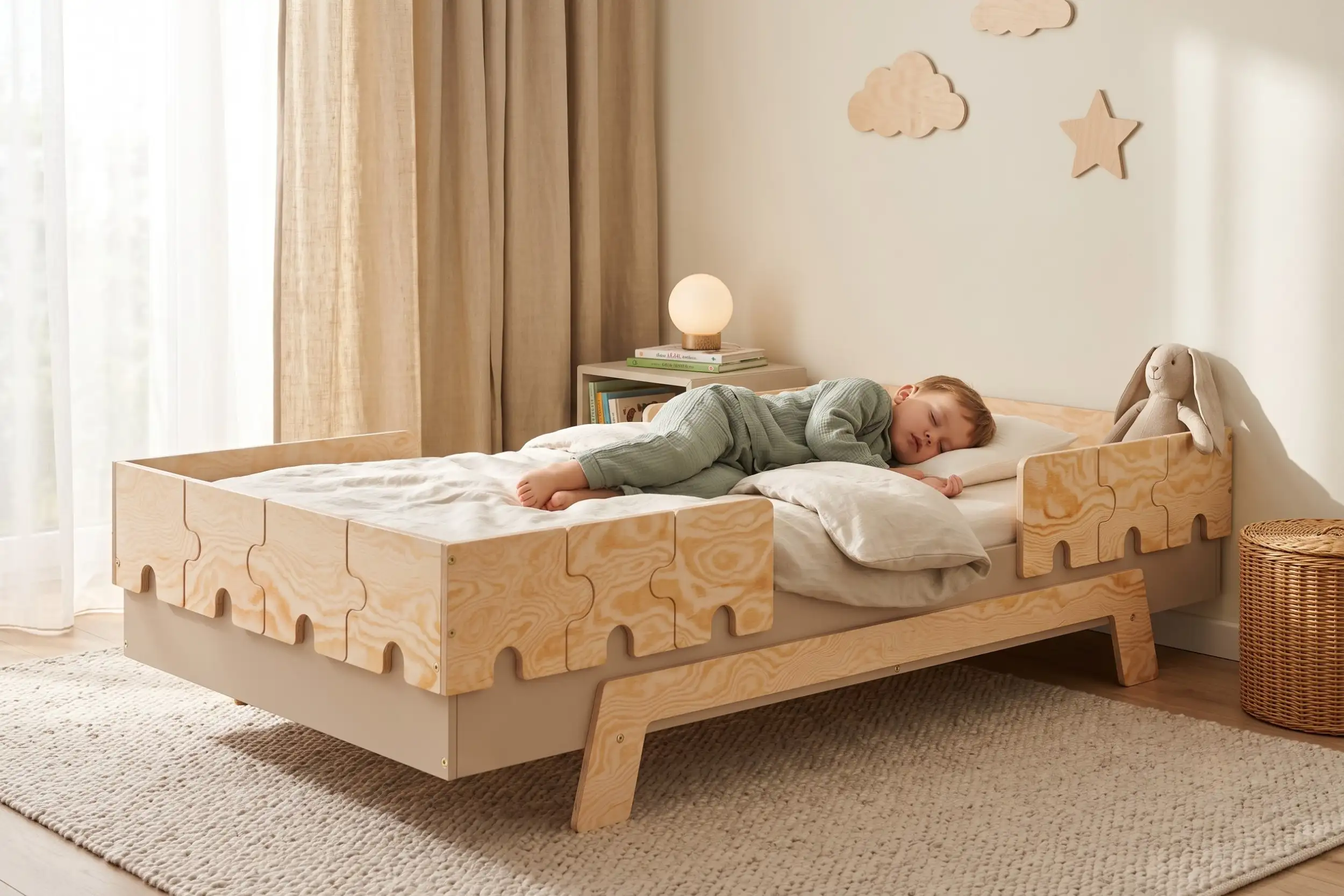 Lit enfant PUZZLE BR2 cachemire avec barrières en forme de puzzle, un garçon dort blotti contre un coussin.