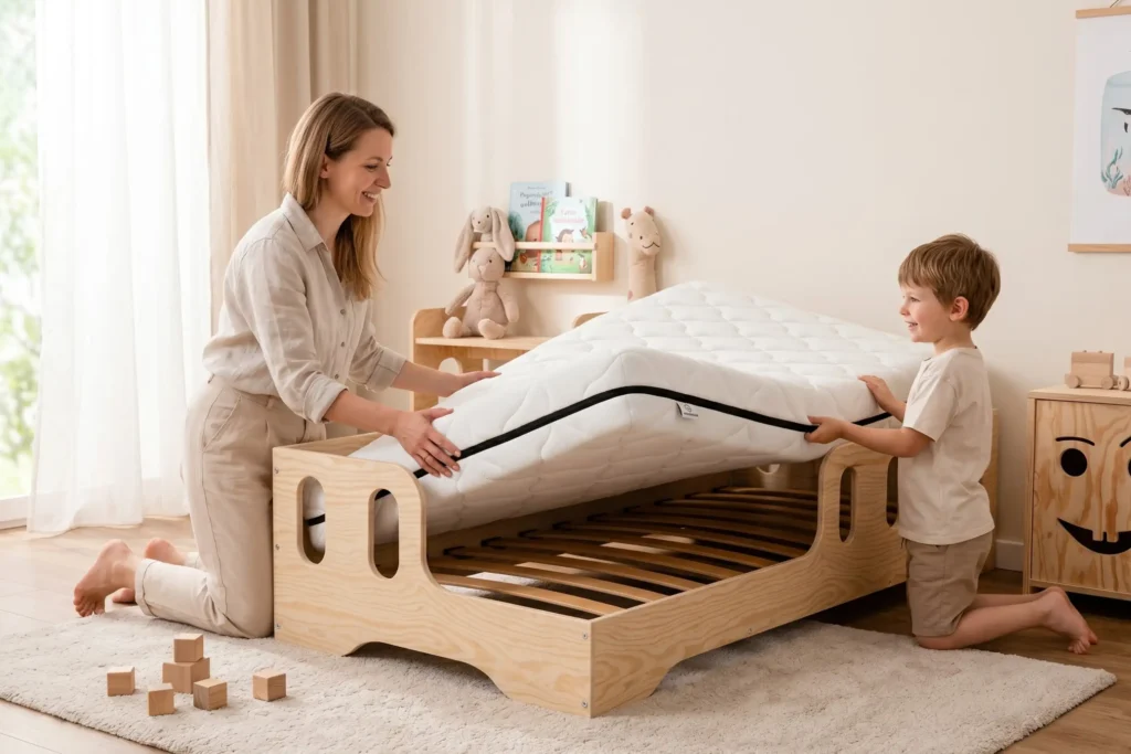 Lit enfant TILA 1 en bois naturel avec matelas, maman et fils installant le matelas sur le sommier dans une chambre lumineuse.