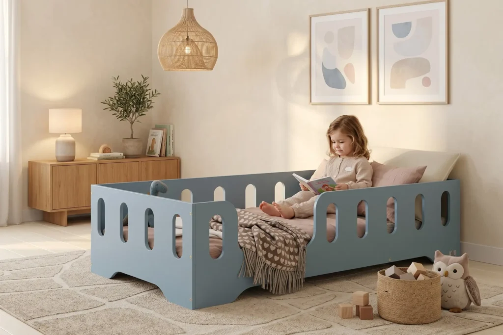 Lit enfant Montessori TILA 2 bleu avec barrières ajourées, une fillette assise sur le lit lisant un livre.