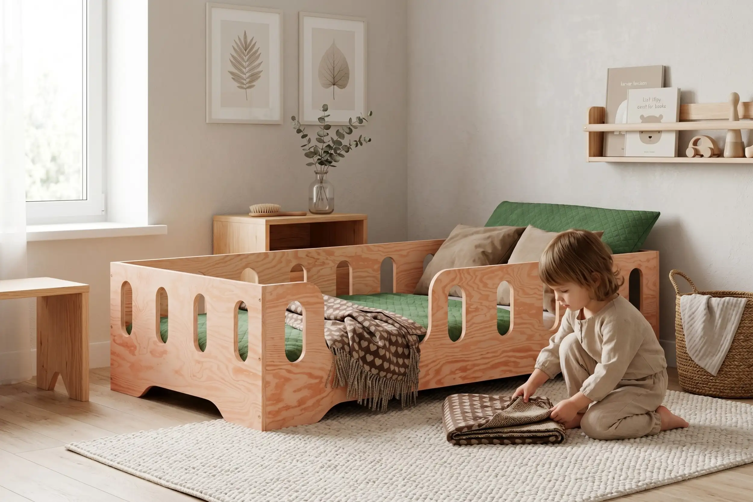 Lit enfant TILA 2 en bois naturel avec barrières, garçon pliant une couverture près du lit dans une chambre lumineuse.