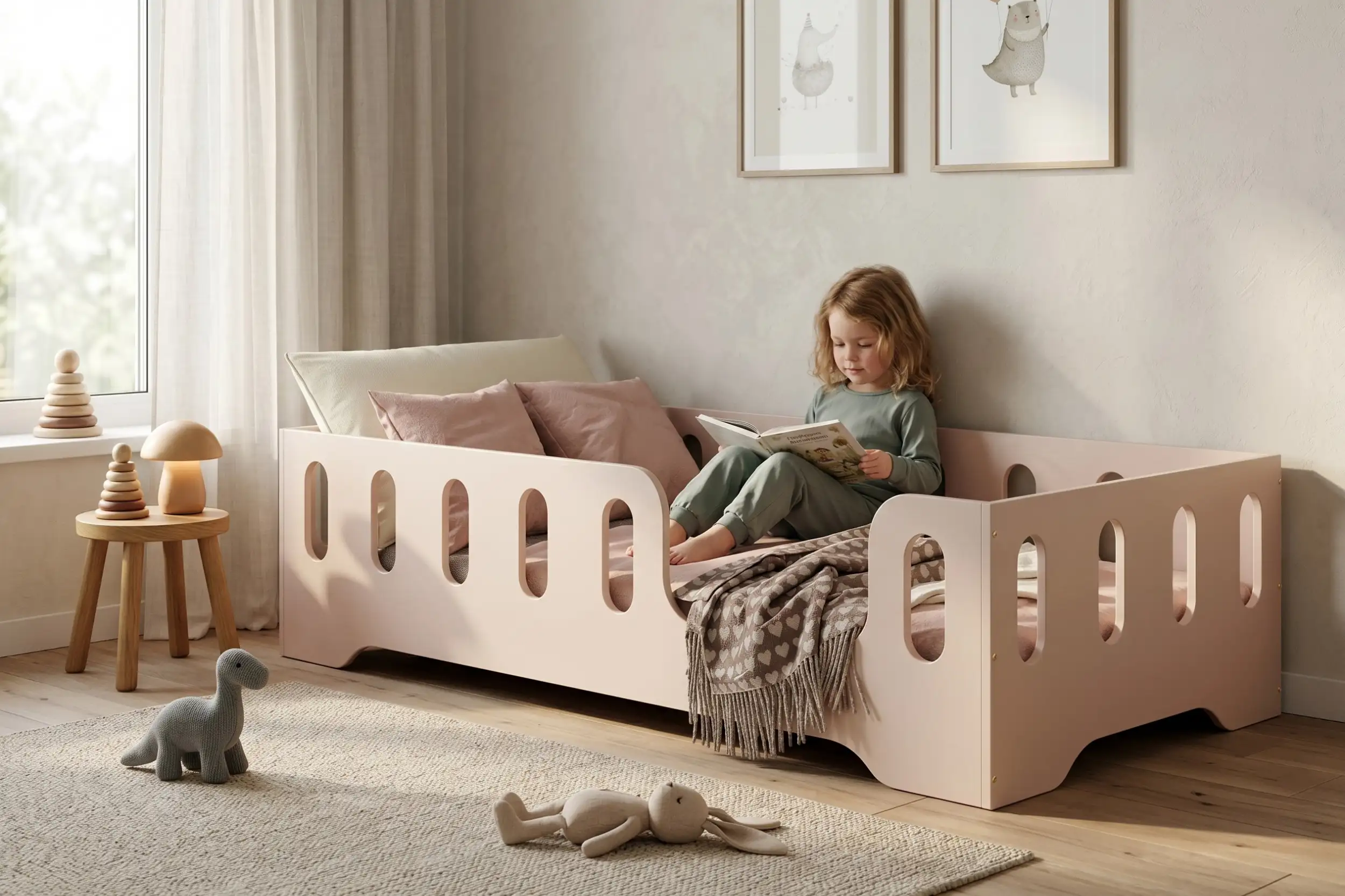 Lit enfant TILA 2 couleur cachemire avec barrières, fillette lisant un livre dans une chambre Montessori claire et chaleureuse.