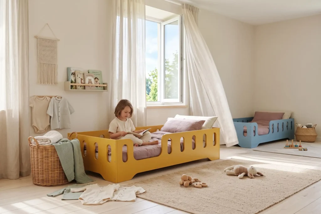 Lit enfant TILA 2 jaune moutarde avec barrières ajourées, conception basse au sol, une fillette lit un livre sur le lit.