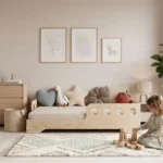 Lit simple enfant en bois avec barrière de sécurité et sommier TILA 5 Montessori