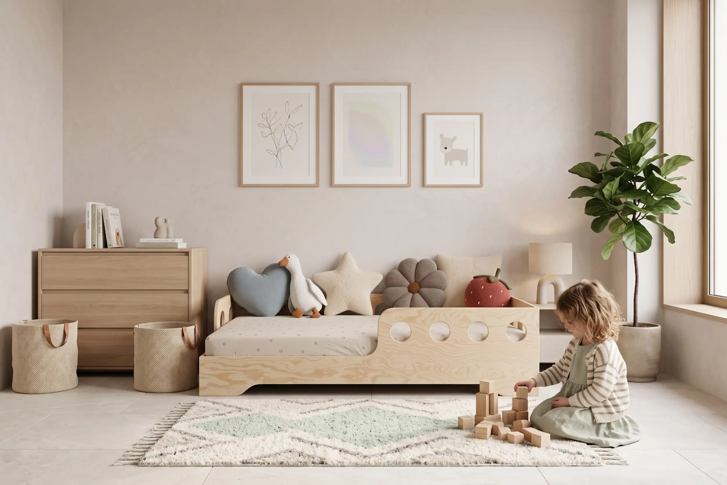 Lit simple enfant en bois avec barrière de sécurité et sommier TILA 5 Montessori