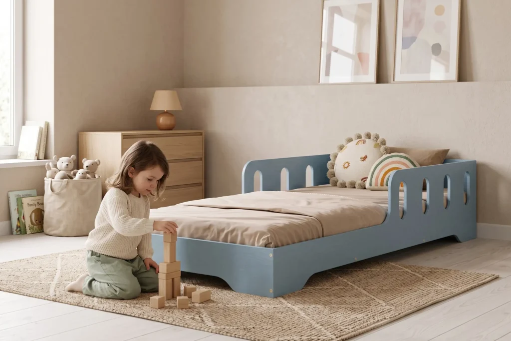 Lit enfant TILA 6 bleu avec barrières ajourées, conception basse au sol, une fillette construit une tour de cubes près du lit.
