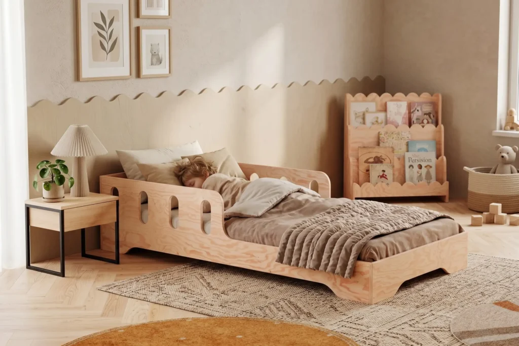 Lit enfant TILA 6 bas en bois naturel, enfant endormi dans une chambre claire et chaleureuse.