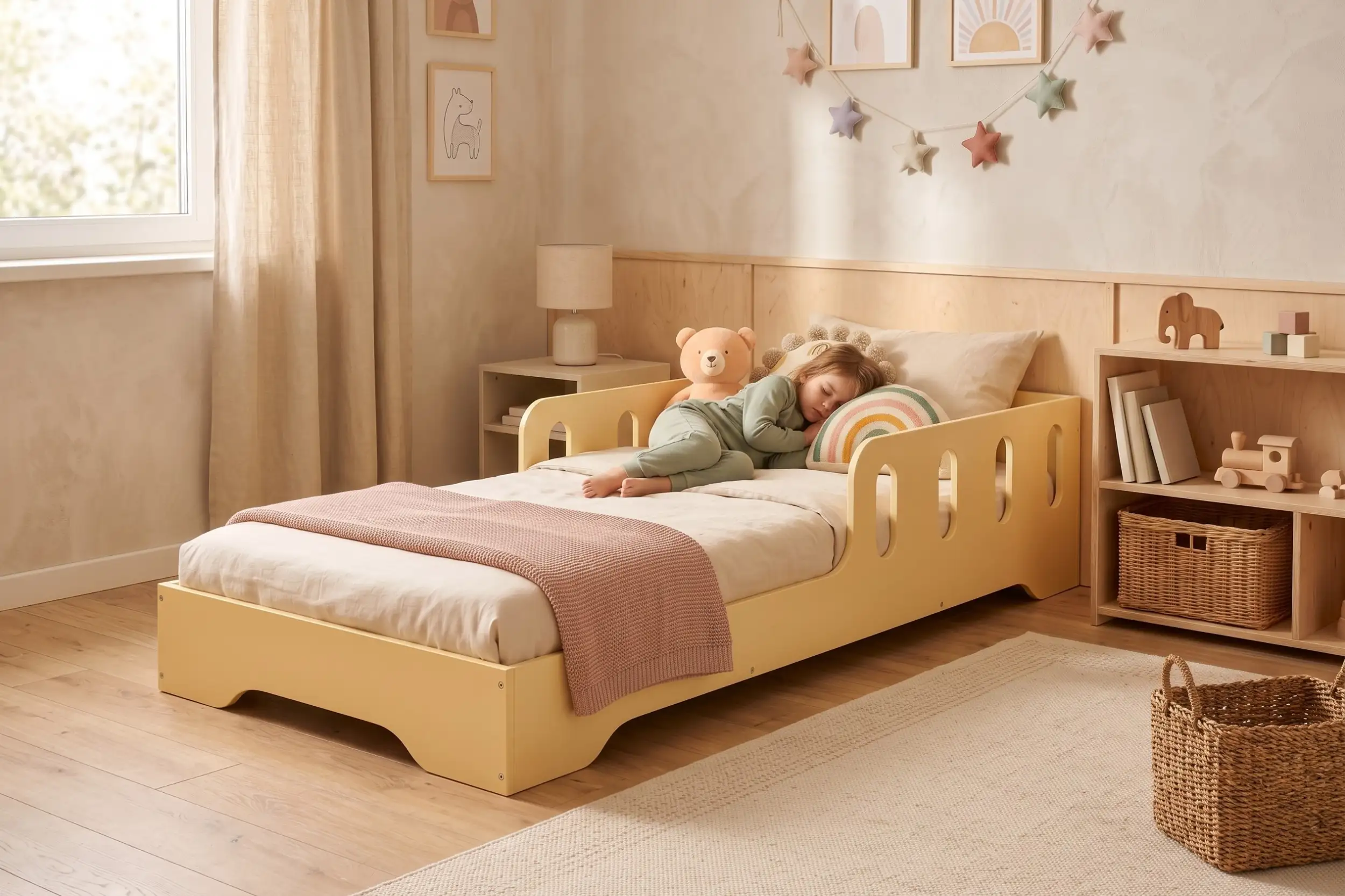 Lit enfant TILA 6 jaune beurre avec barrières ajourées, un enfant dort blotti contre un ours en peluche.