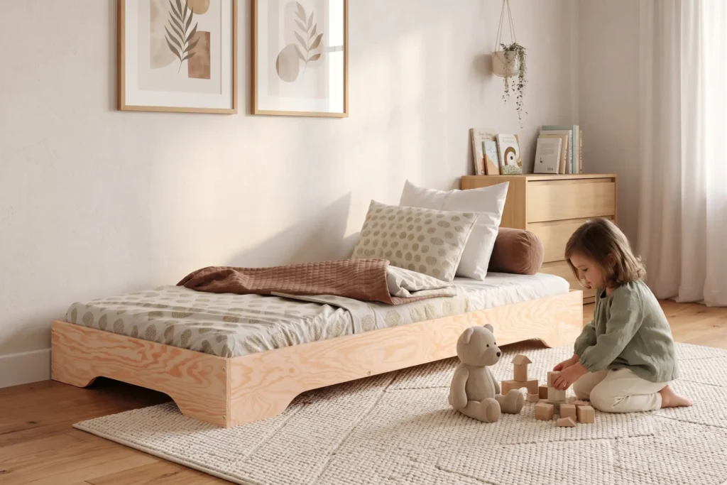 Lit enfant TILA 7 en bois naturel, conception basse au sol, une fillette construit une tour de cubes près du lit.