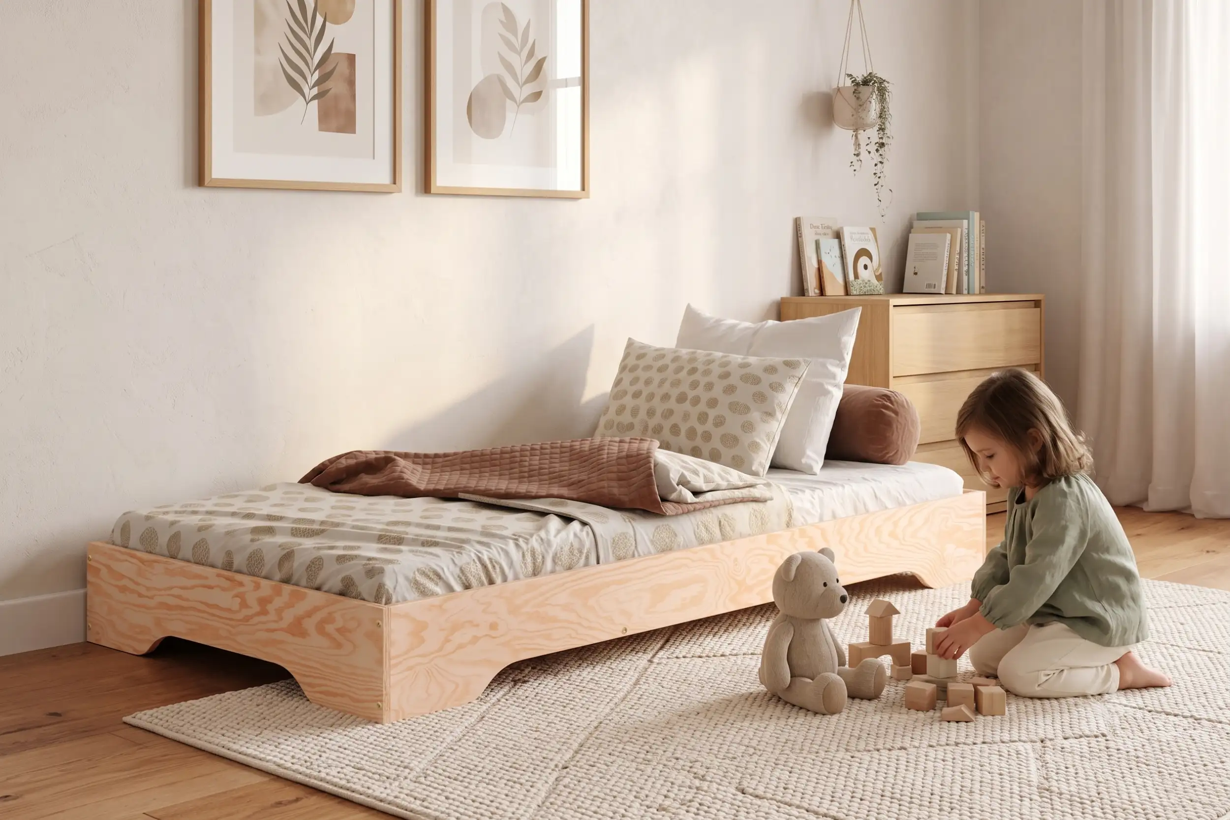 Lit enfant TILA 7 en bois naturel, conception basse au sol, une fillette construit une tour de cubes près du lit.