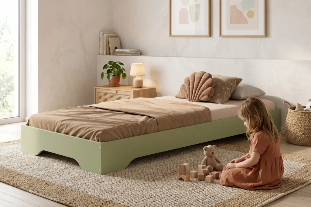 Lit enfant TILA 7 bas en bois vert sauge, fillette jouant avec des cubes près du lit dans une chambre lumineuse