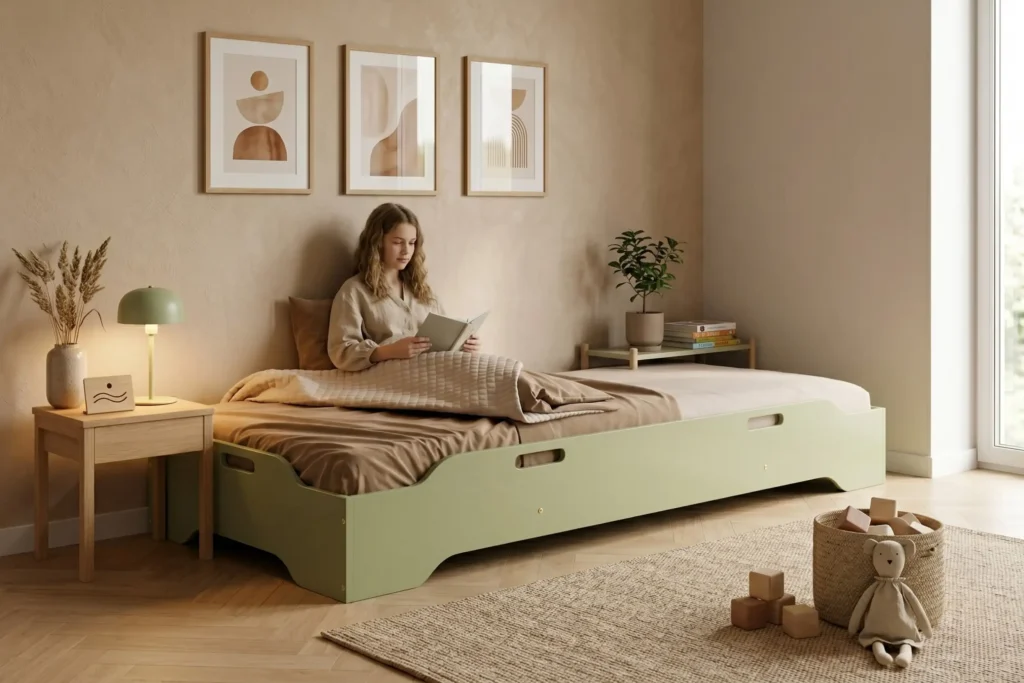 Lit enfant TILA 8 bas en bois vert sauge, adolescente lisant un livre dans une chambre claire et chaleureuse.