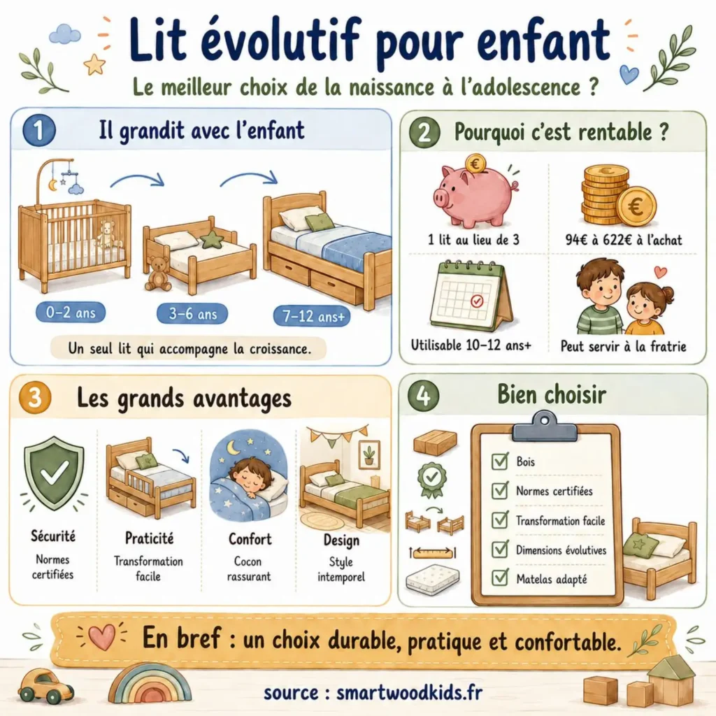  Infographie : lit évolutif pour enfant - il grandit avec l'enfant, rentable, sûr, pratique et au design intemporel.