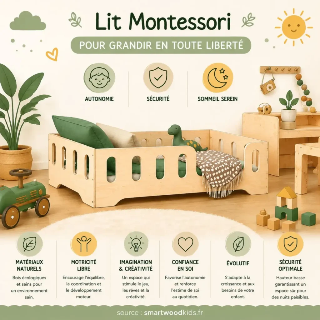 Infographie : lit Montessori - autonomie, sécurité, matériaux naturels, motricité libre et sommeil serein pour grandir en liberté.
