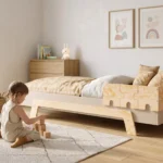 Lit enfant PUZZLE BR1 blanc avec barrière en forme de puzzle en bois naturel, fillette construisant une tour de cubes près du lit.
