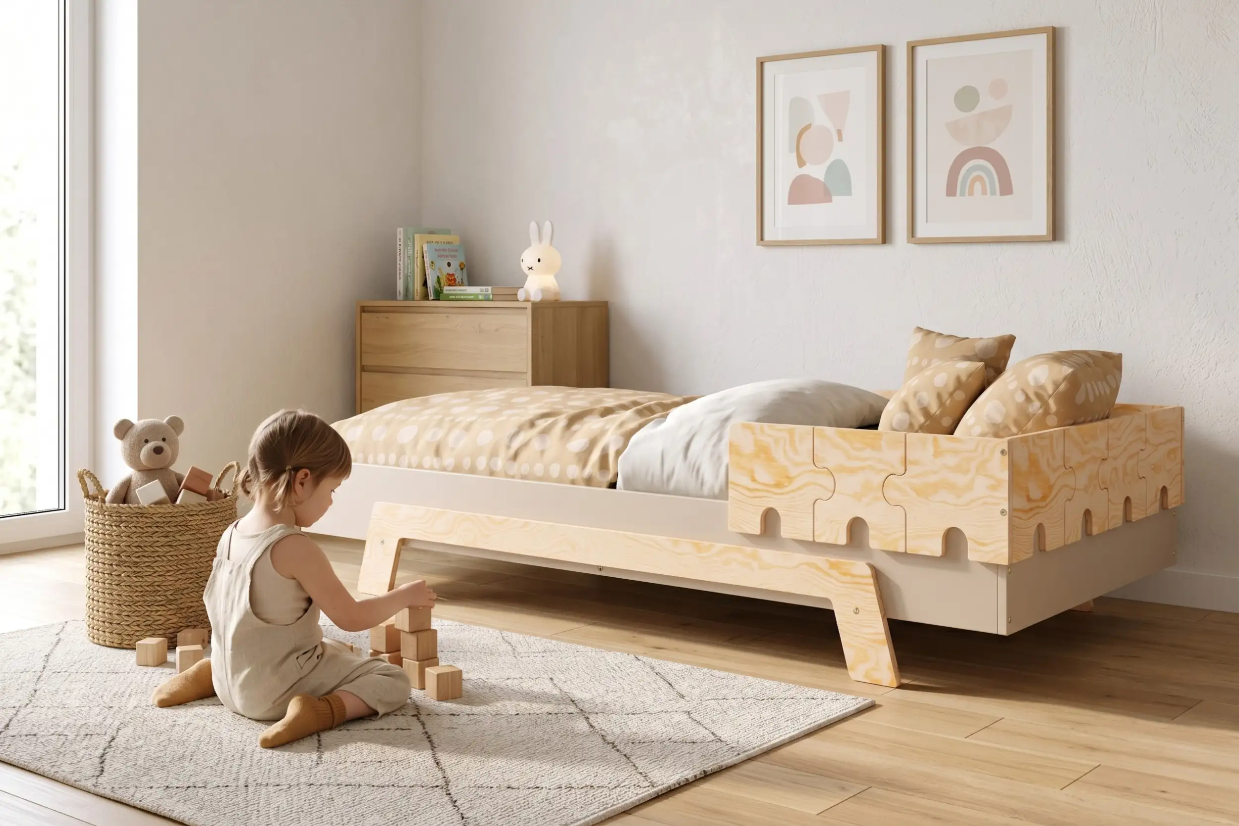 Lit enfant PUZZLE BR1 blanc avec barrière en forme de puzzle en bois naturel, fillette construisant une tour de cubes près du lit.