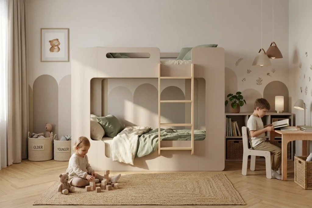 Lit superposé MIMI B avec échelle et couchage en niche, deux enfants jouent et lisent dans la chambre.