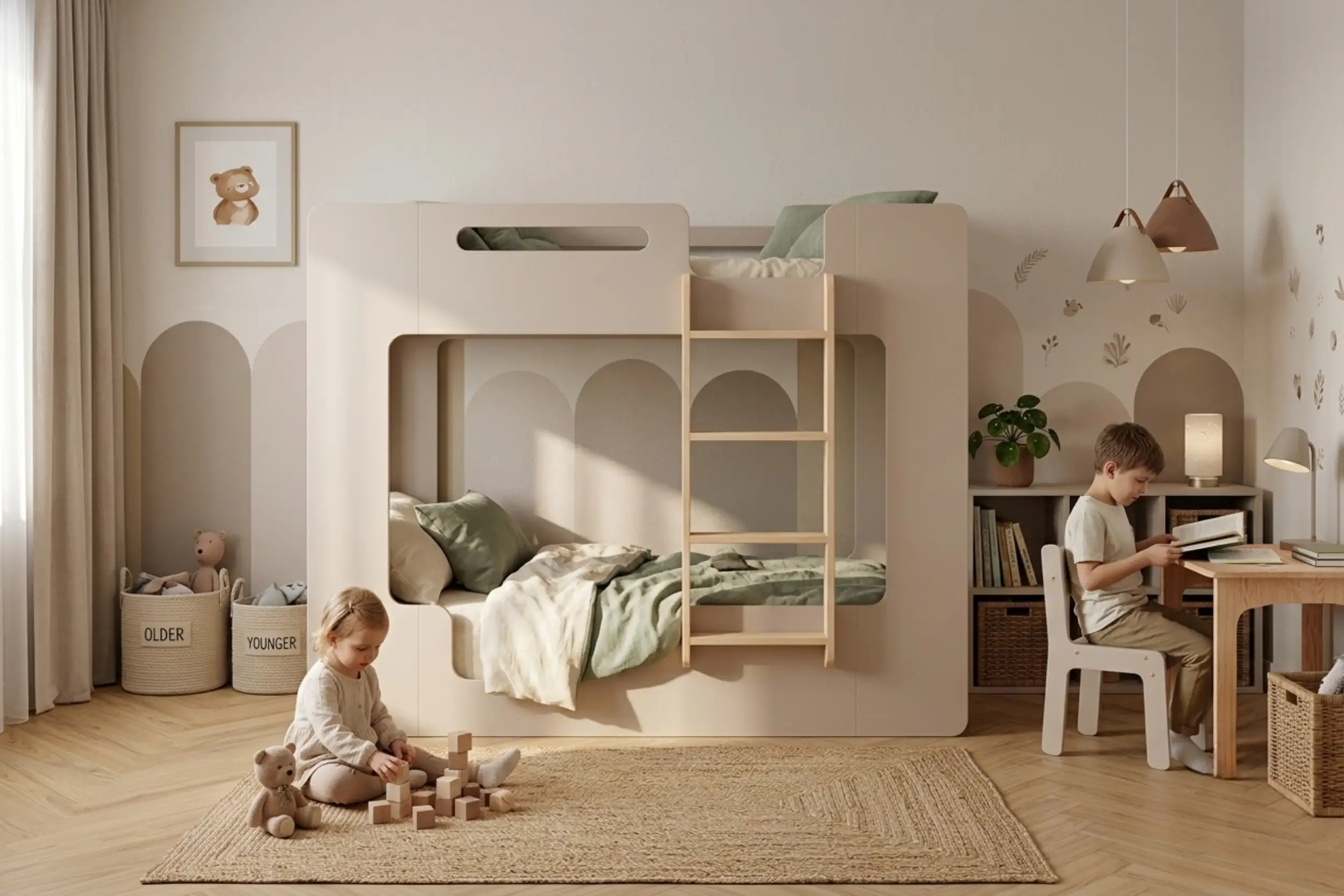 Lit superposé MIMI B avec échelle et couchage en niche, deux enfants jouent et lisent dans la chambre.