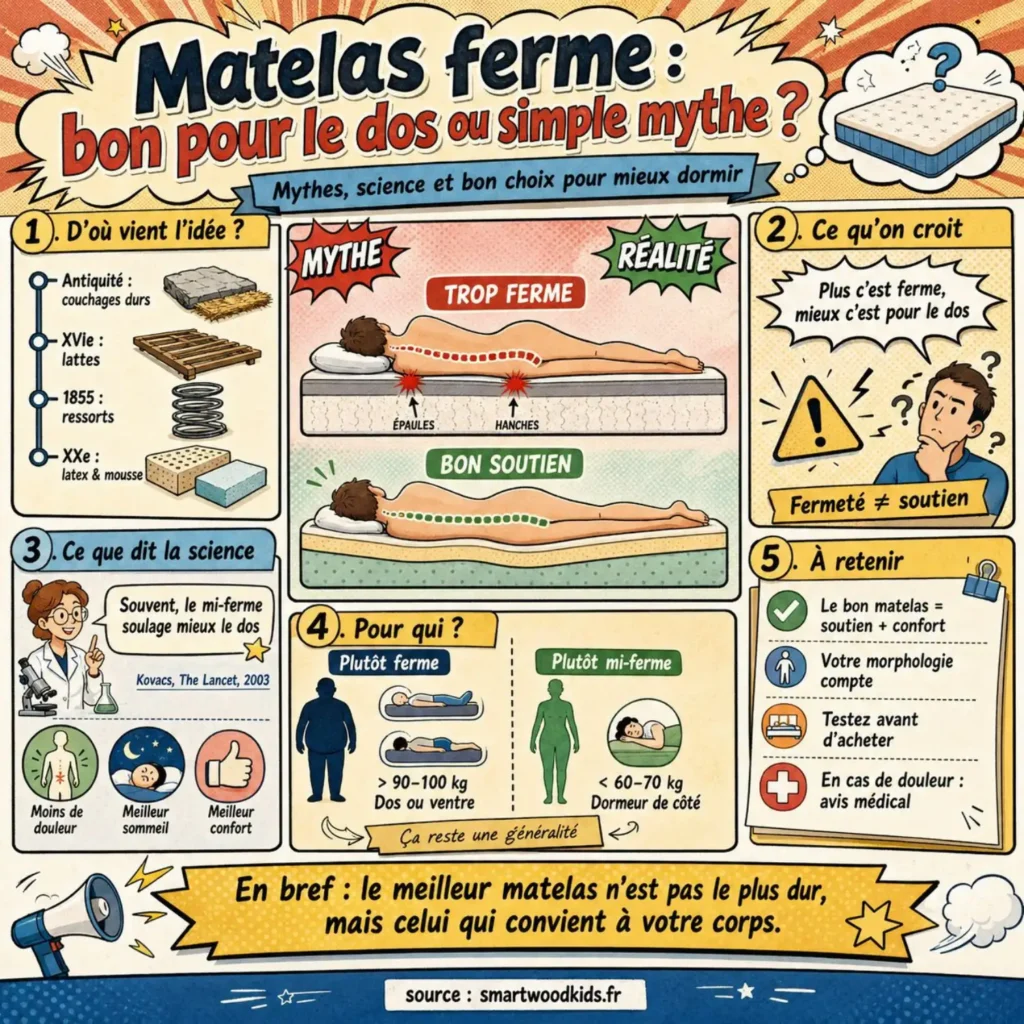 Infographie : matelas ferme, bon pour le dos ou simple mythe - origines, croyances, science et bon choix pour mieux dormir.