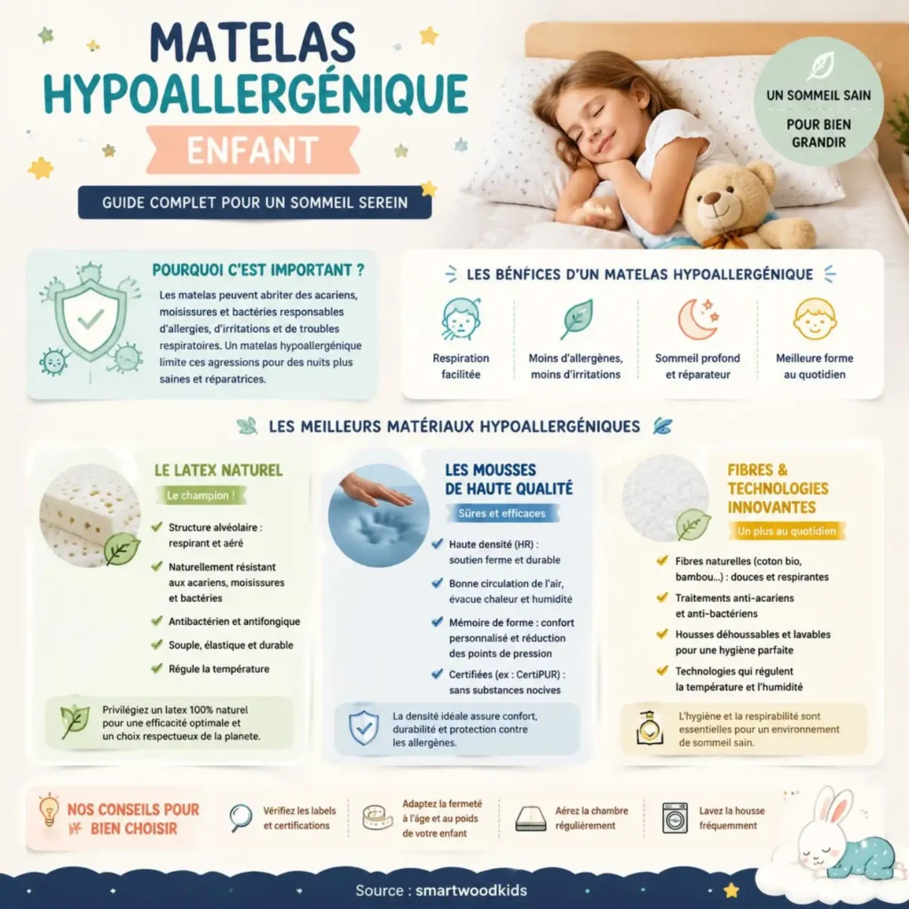  Infographie : matelas hypoallergénique enfant - latex naturel, mousses de qualité, fibres innovantes pour un sommeil serein.