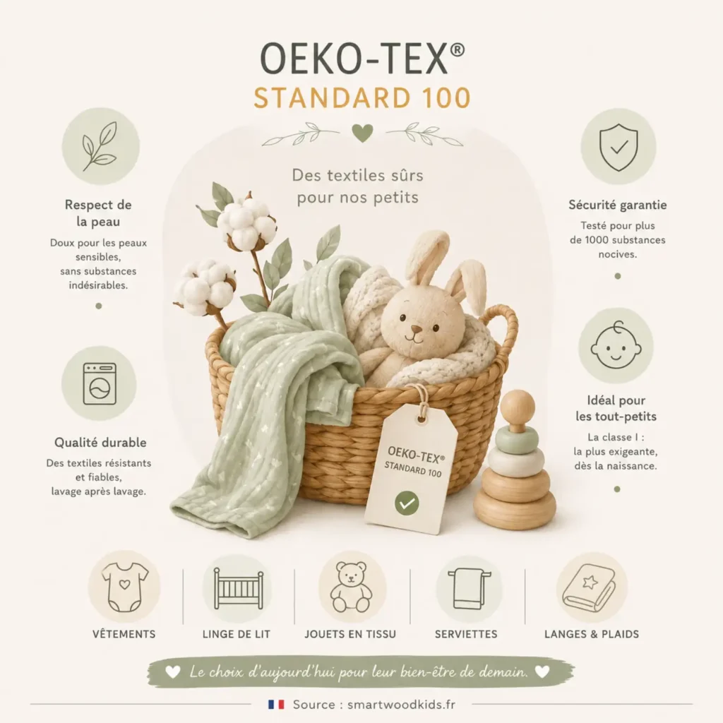  Infographie : OEKO-TEX Standard 100 pour textiles enfants - respect de la peau, sécurité garantie, qualité durable et classe I