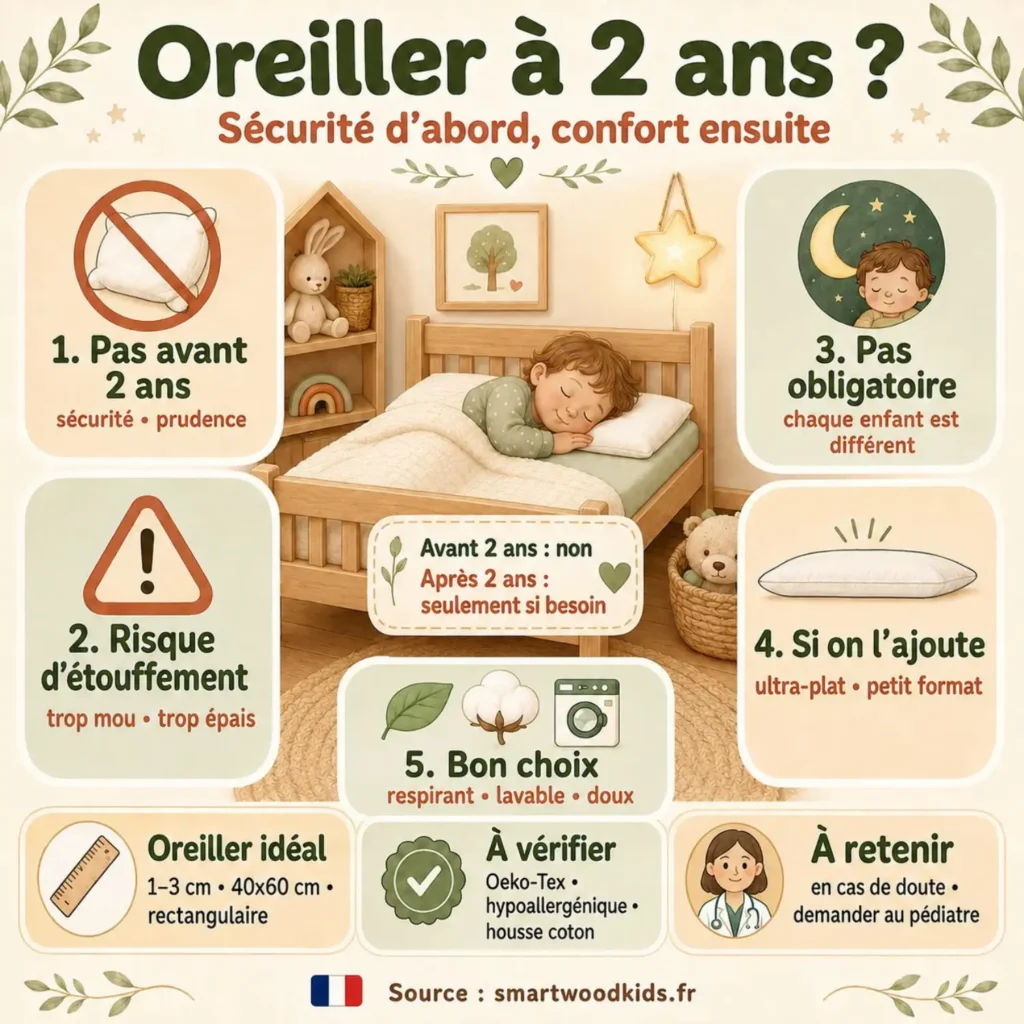 Infographie : oreiller à 2 ans - pas avant 2 ans, risque d'étouffement, pas obligatoire et bon choix si on l'ajoute.