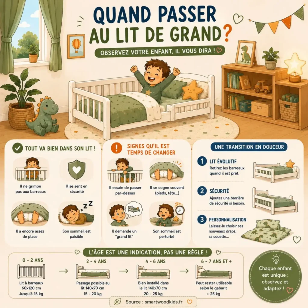 Infographie : quand passer au lit de grand - les signes à observer chez l'enfant et une transition en douceur.