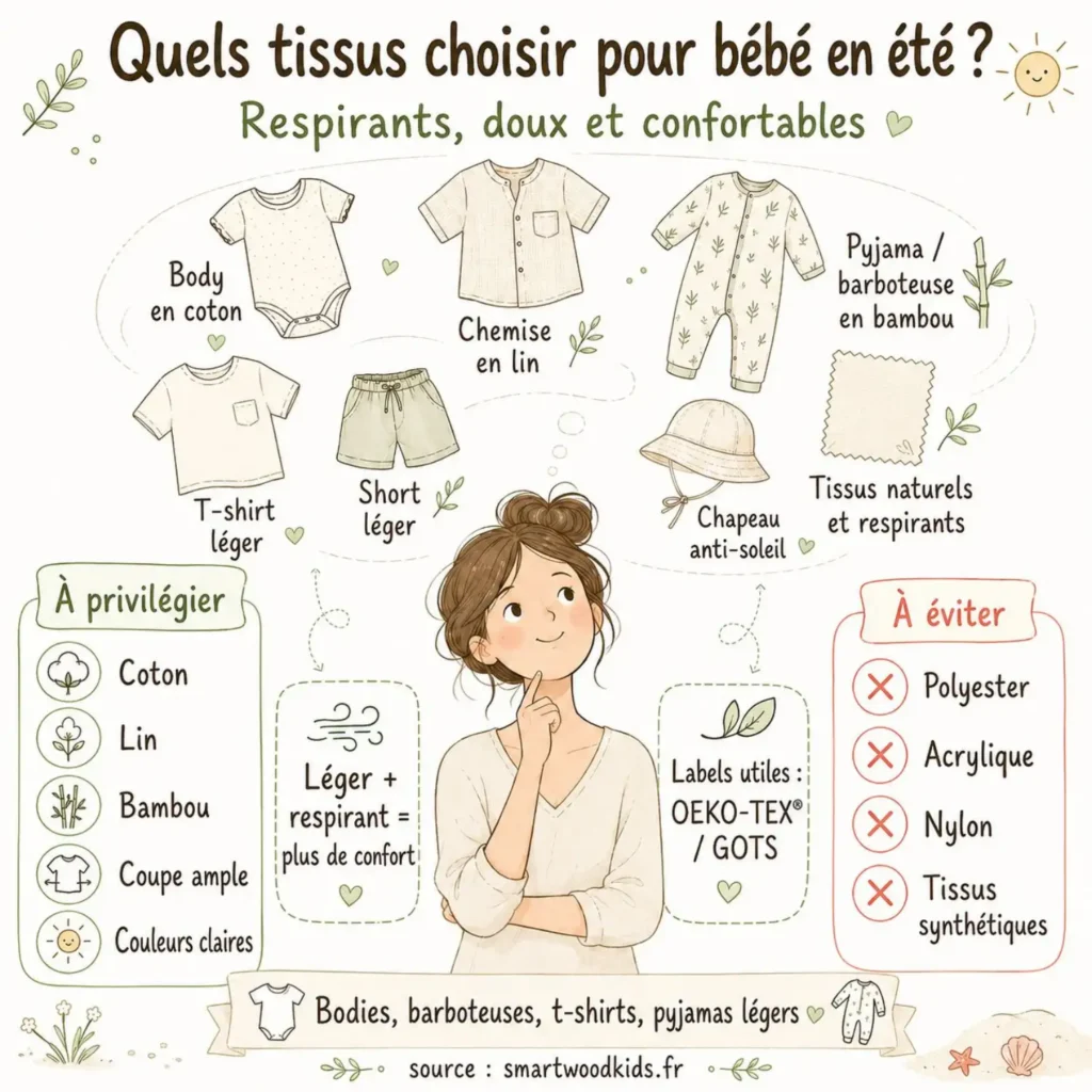 Infographie : quels tissus cho
isir pour bébé en été - coton, lin, bambou, coupe ample et labels OEKO-TEX / GOTS.