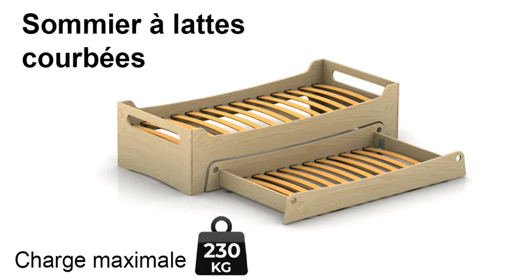 Lit TILA 10 avec sommier à lattes courbées et tiroir, supportant jusqu’à 230 kg.
