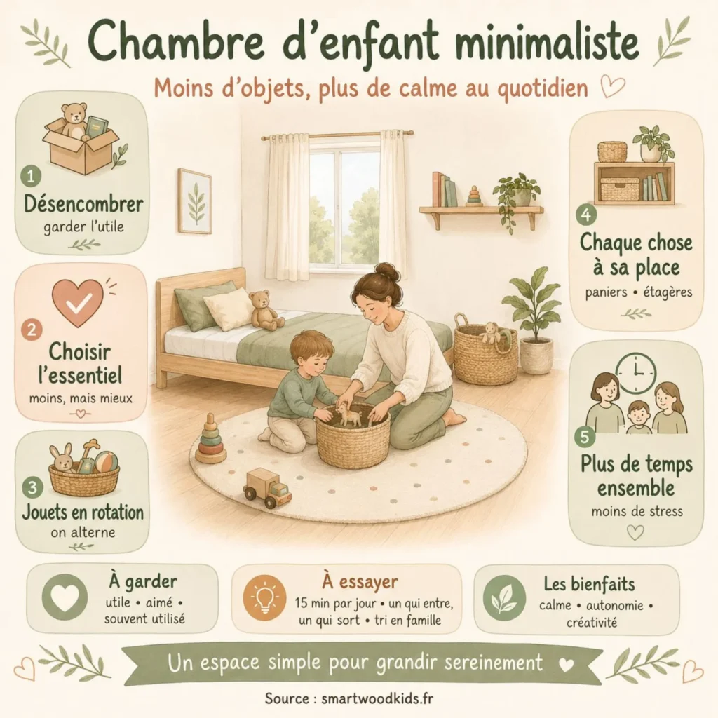 Infographie : chambre d'enfant minimaliste - désencombrer, choisir l'essentiel, jouets en rotation et chaque chose à sa place.