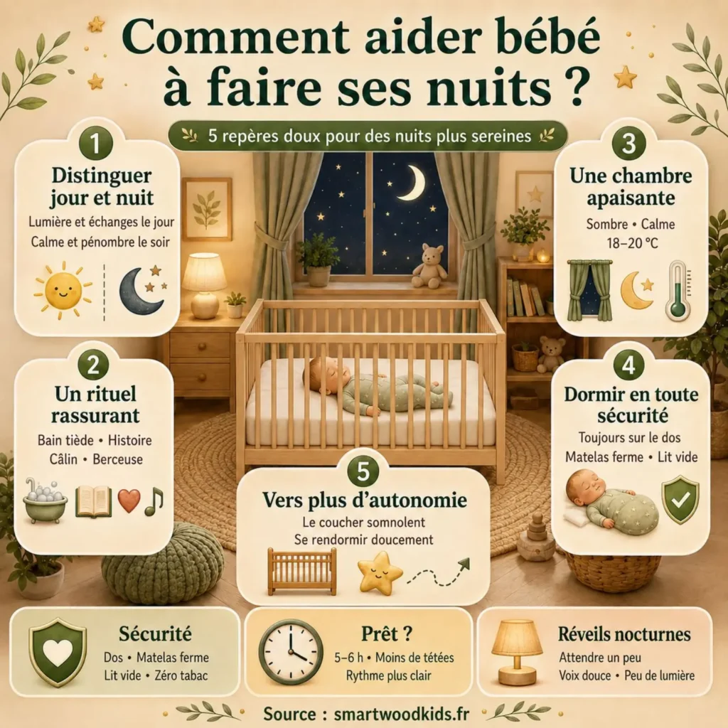 Infographie : comment aider bébé à faire ses nuits - distinguer jour et nuit, rituel rassurant, chambre apaisante, sécurité et autonomie.