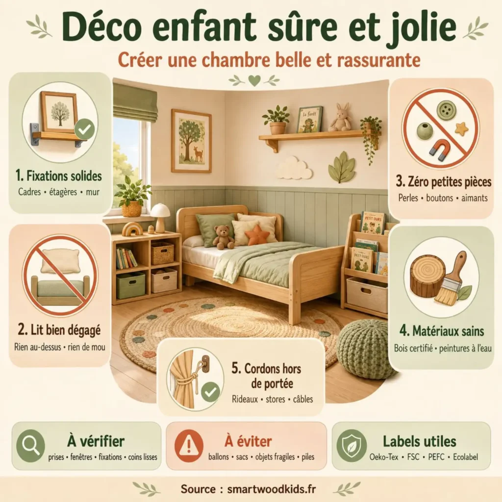 Infographie : déco enfant sûre et jolie - fixations solides, lit dégagé, zéro petites pièces, matériaux sains et cordons hors de portée.