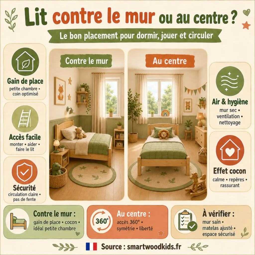 Infographie : lit d'enfant contre le mur ou au centre - plus d'espace, accès plus facile, passage libre et zones à risque à éviter.