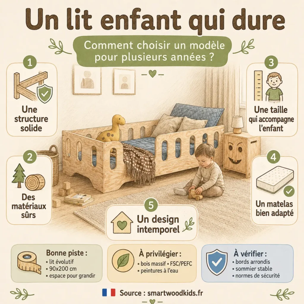 Infographie : un lit enfant qui dure - structure solide, matériaux sûrs, taille qui accompagne l'enfant, matelas adapté et design intemporel.