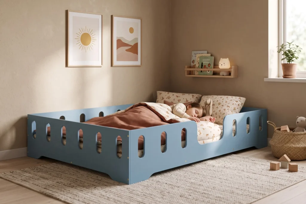 Lit enfant TILA 2 bleu avec barrières, petite fille endormie sous la couverture dans une chambre douce et lumineuse.
