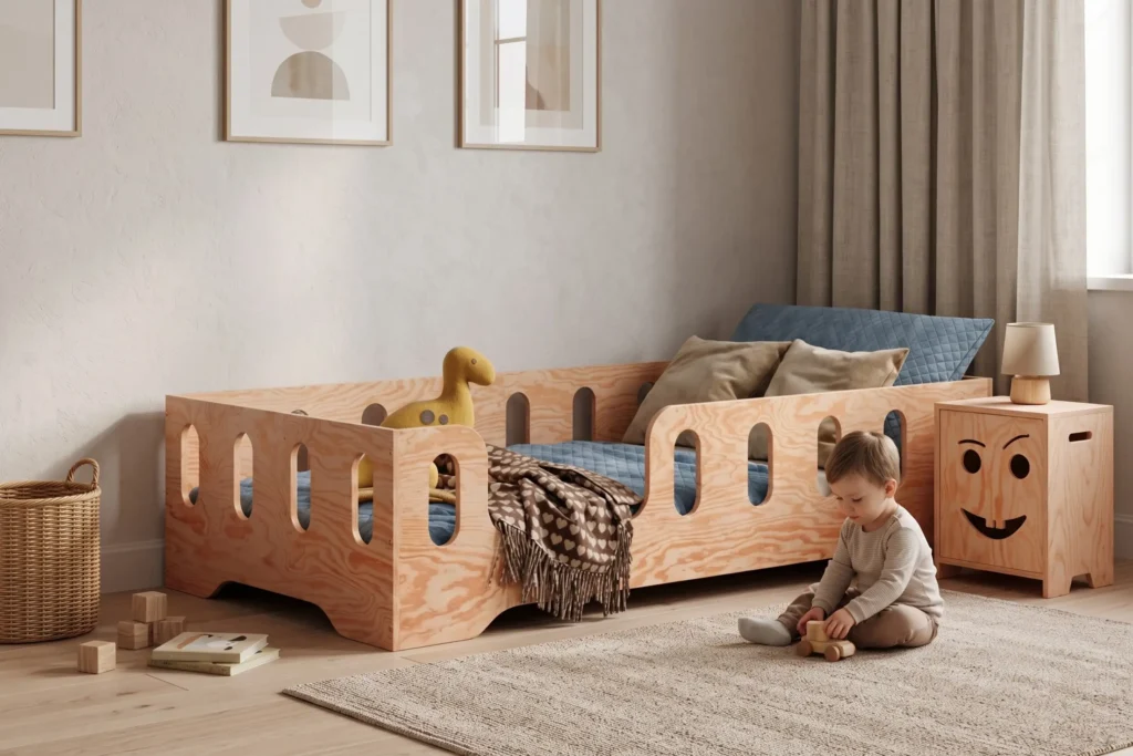 Lit enfant TILA 2 en bois naturel avec barrières ajourées, un garçon joue avec une petite voiture en bois près du lit.