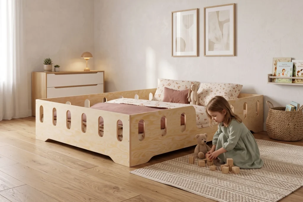 Lit enfant TILA 2 XL en bois naturel avec barrières ajourées, une fillette joue avec des cubes et un nounours près du lit.